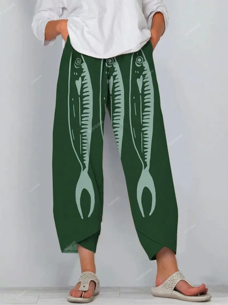 Japanese Green Sardines Art Print Cropped Pants