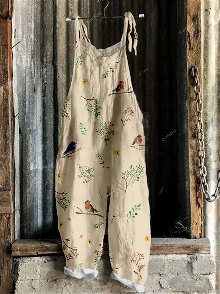 Women's Vintage Flower and Bird Print Casual   Jumpsuit