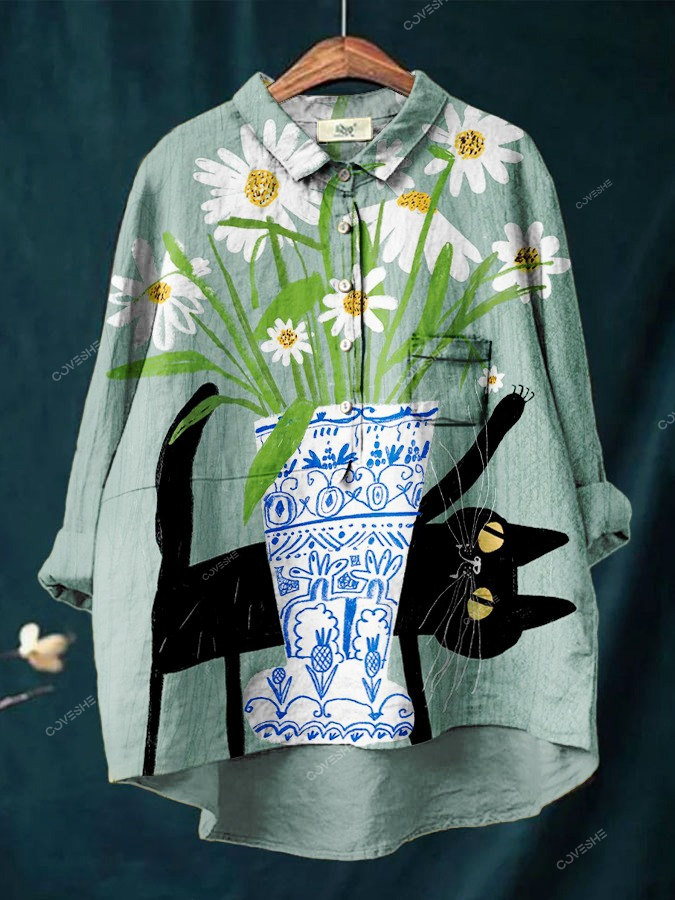 Women's Cartoon Cat Flower Print Casual   Shirt