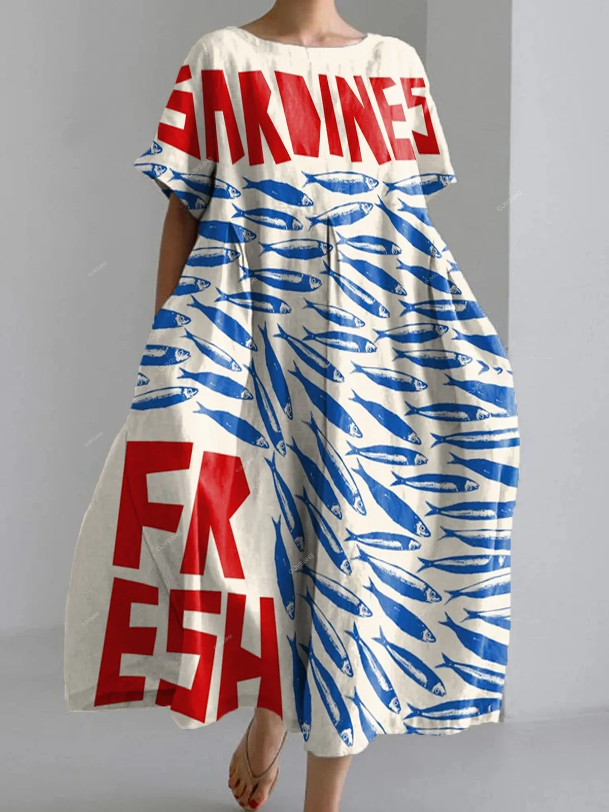 Women's Large Size Sardine Print Loose Elegant   Casual Dress