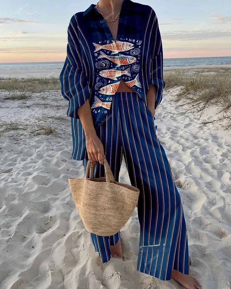 Retro striped fish pattern print two-piece set