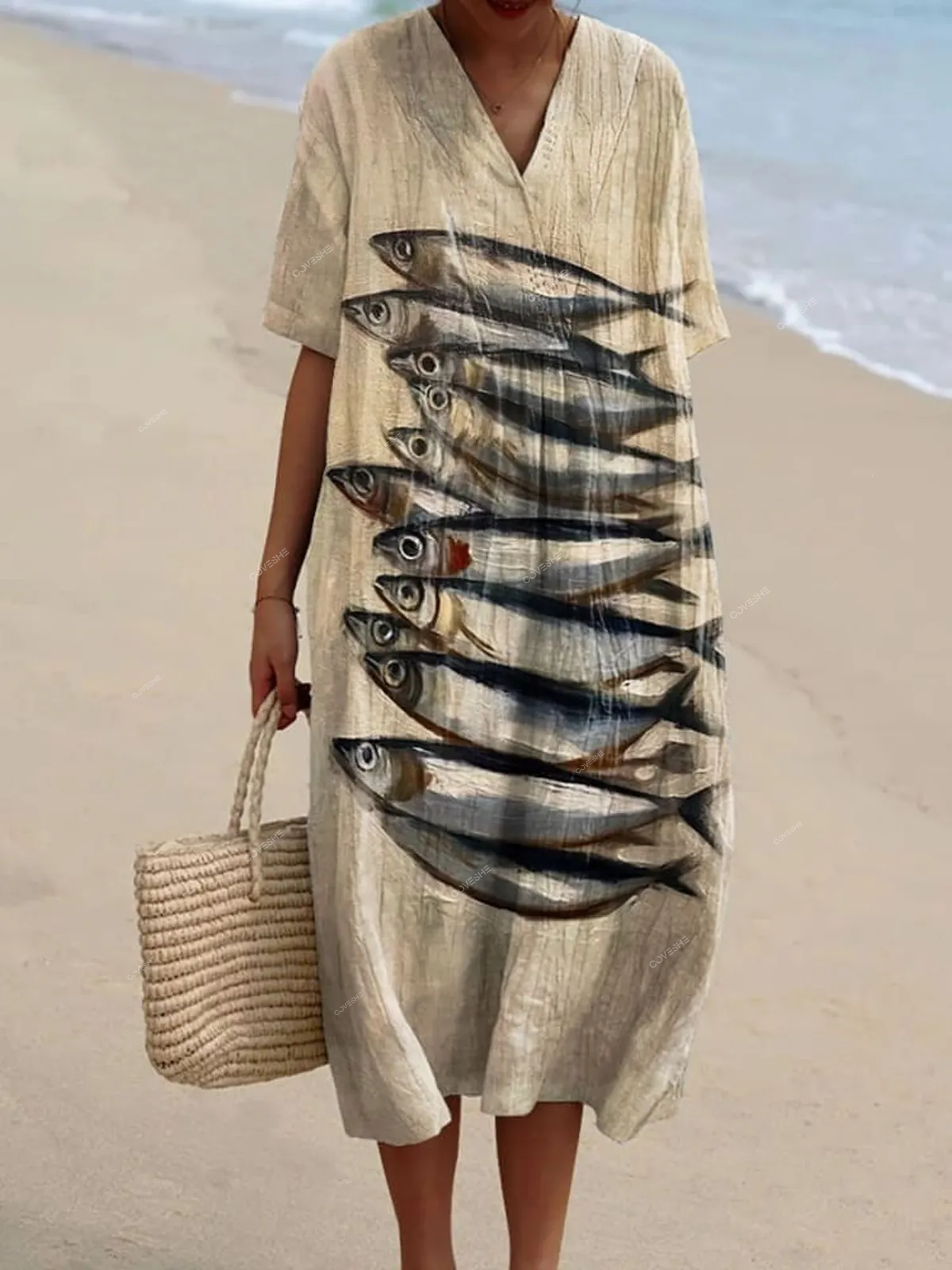 Women's Vintage Fish Art Print Casual   Dress