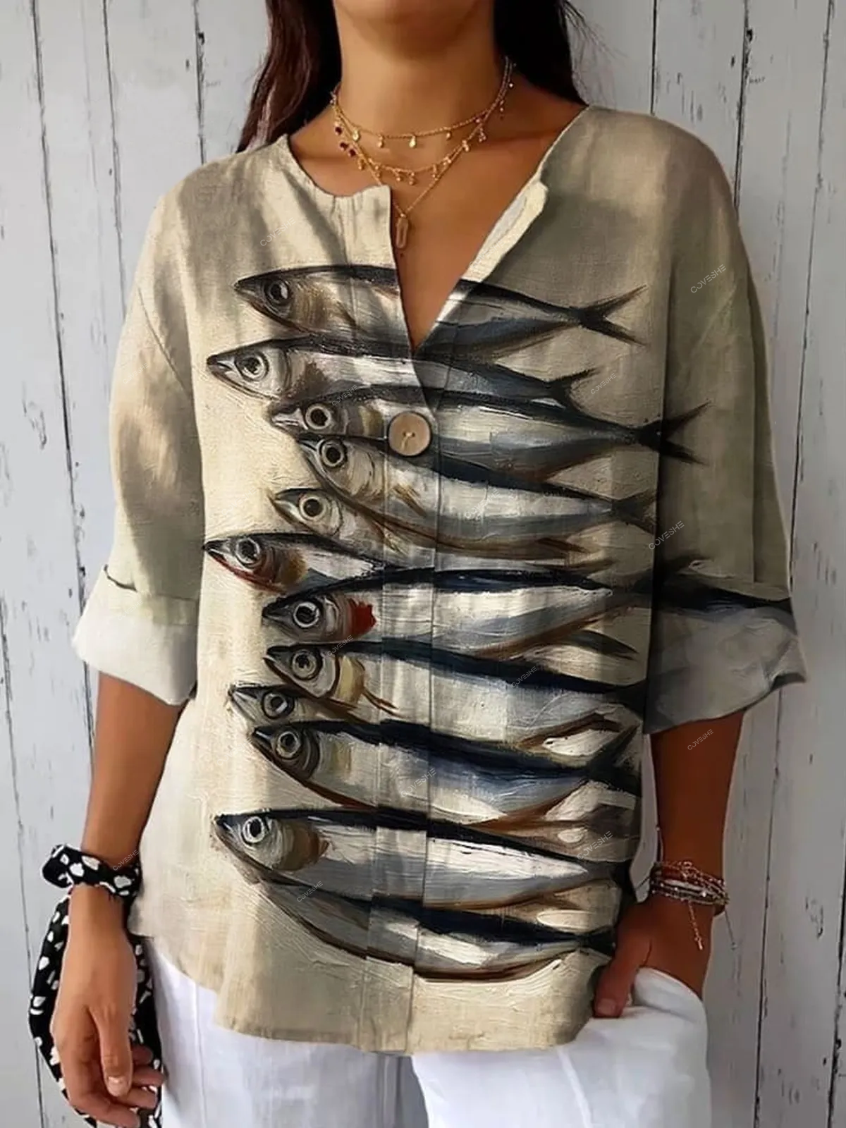 Women's Vintage Fish Art Print Casual   Shirt