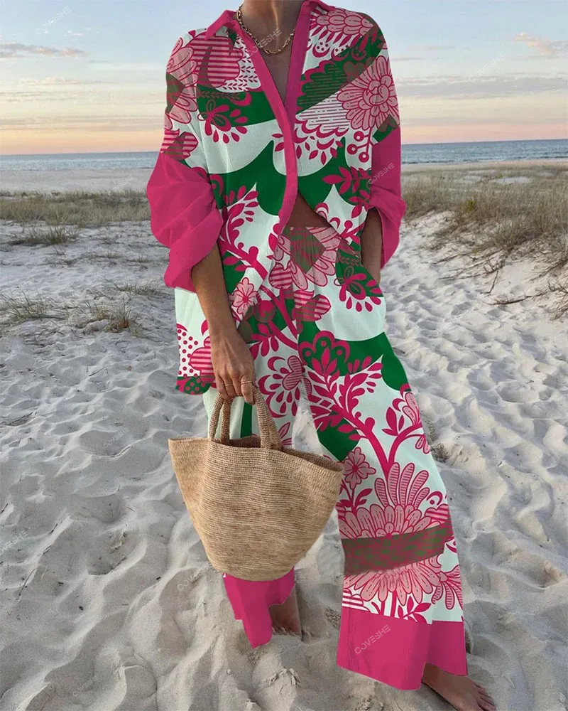 Vacation Style Pink Flower Print Shirt & Pants Two-Piece Set