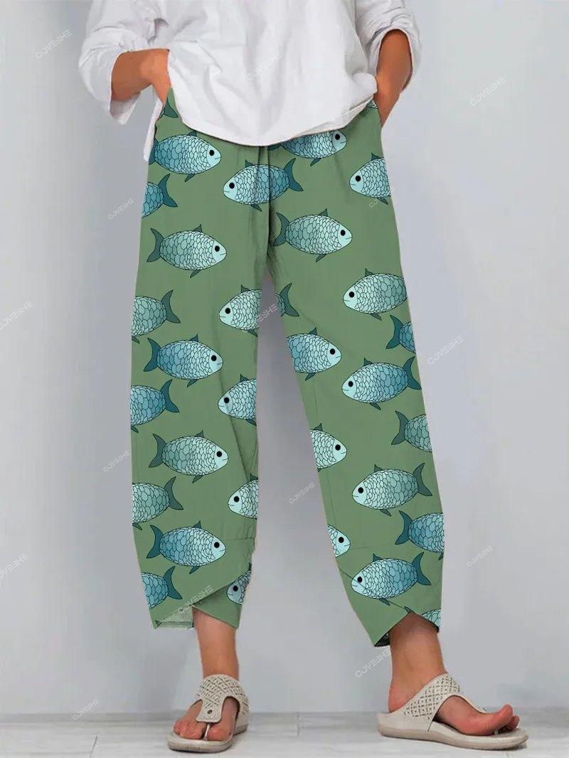 Loose Fit Fish Print Cropped Pants