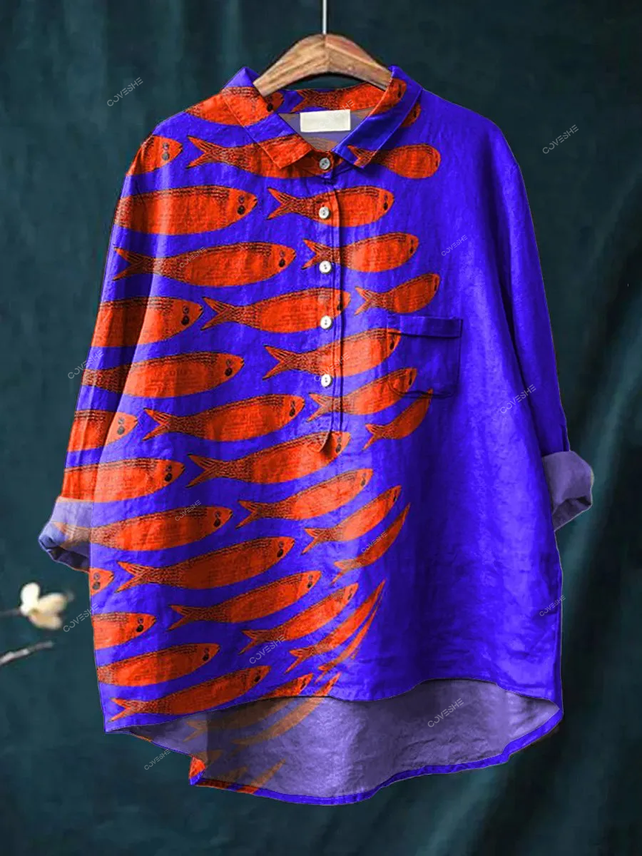 Sardine Fish Swarm Pattern Printed Women's Casual   Shirt