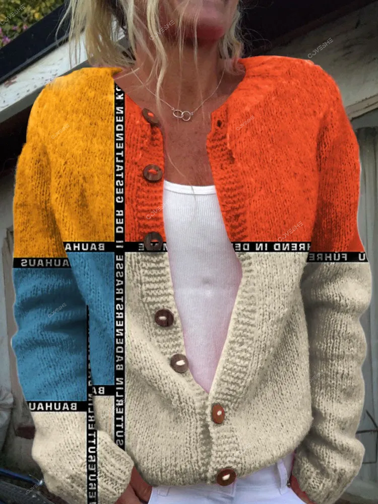 Retro Geometry Print Buttoned Cardigan Sweater