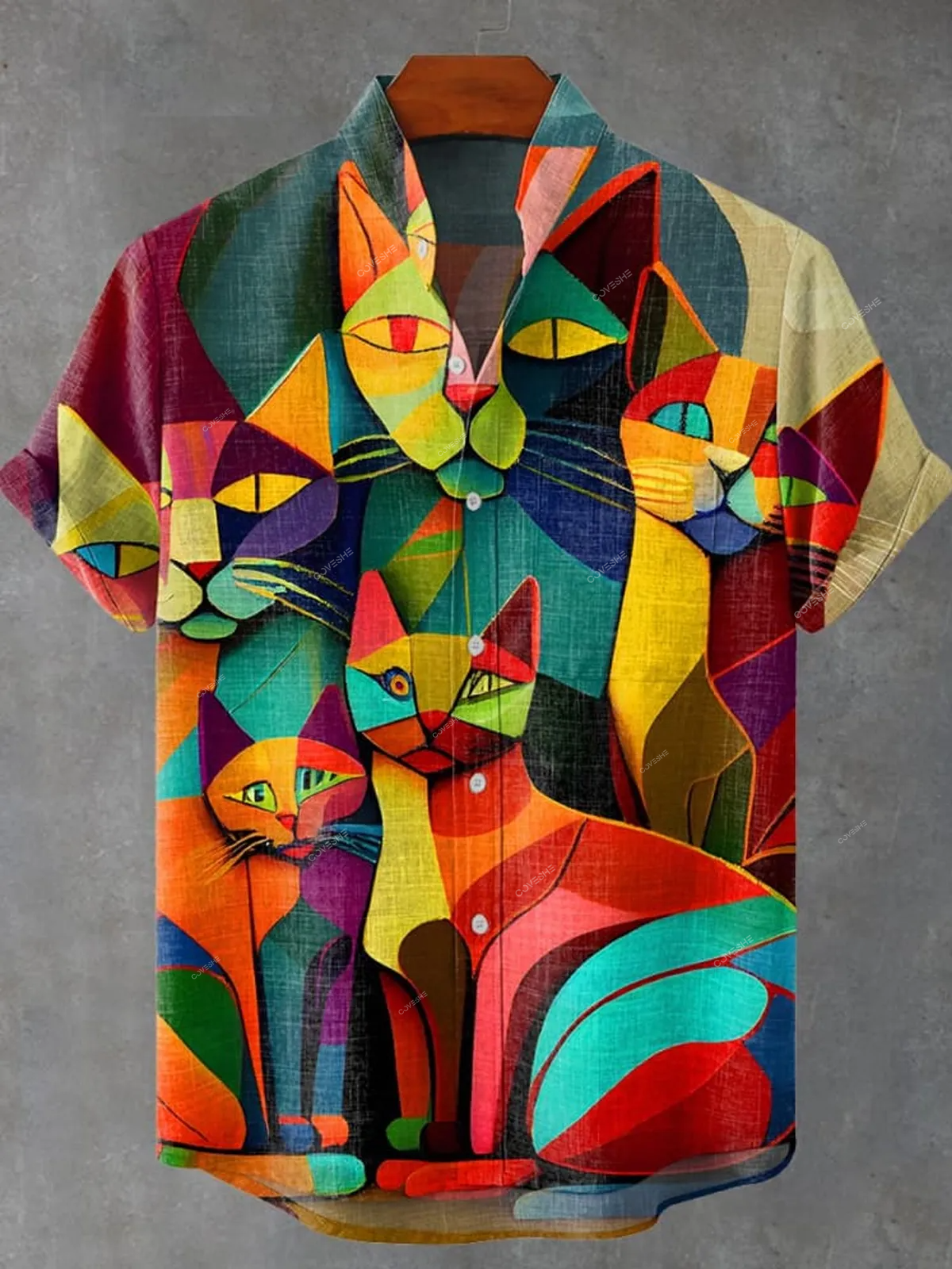 Men'sVintage Cat Art Print Casual Shirt