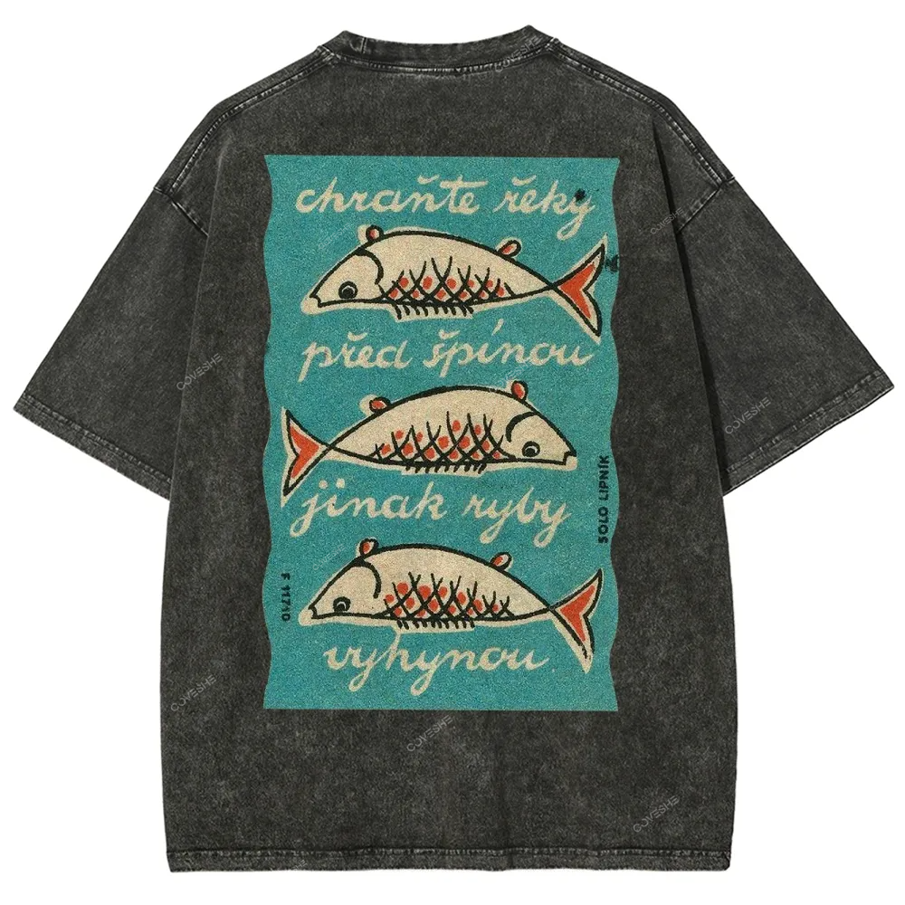 Fishes Pattern Printed Washed Vintage Short Sleeves T-Shirt