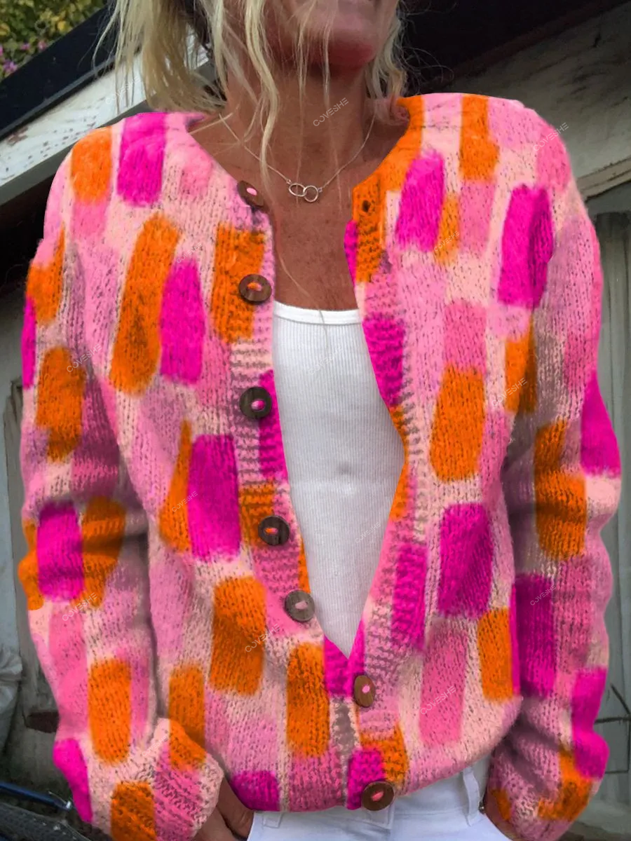 Vibrant Color Block Repeat Pattern Printed Buttoned Cardigan Sweater