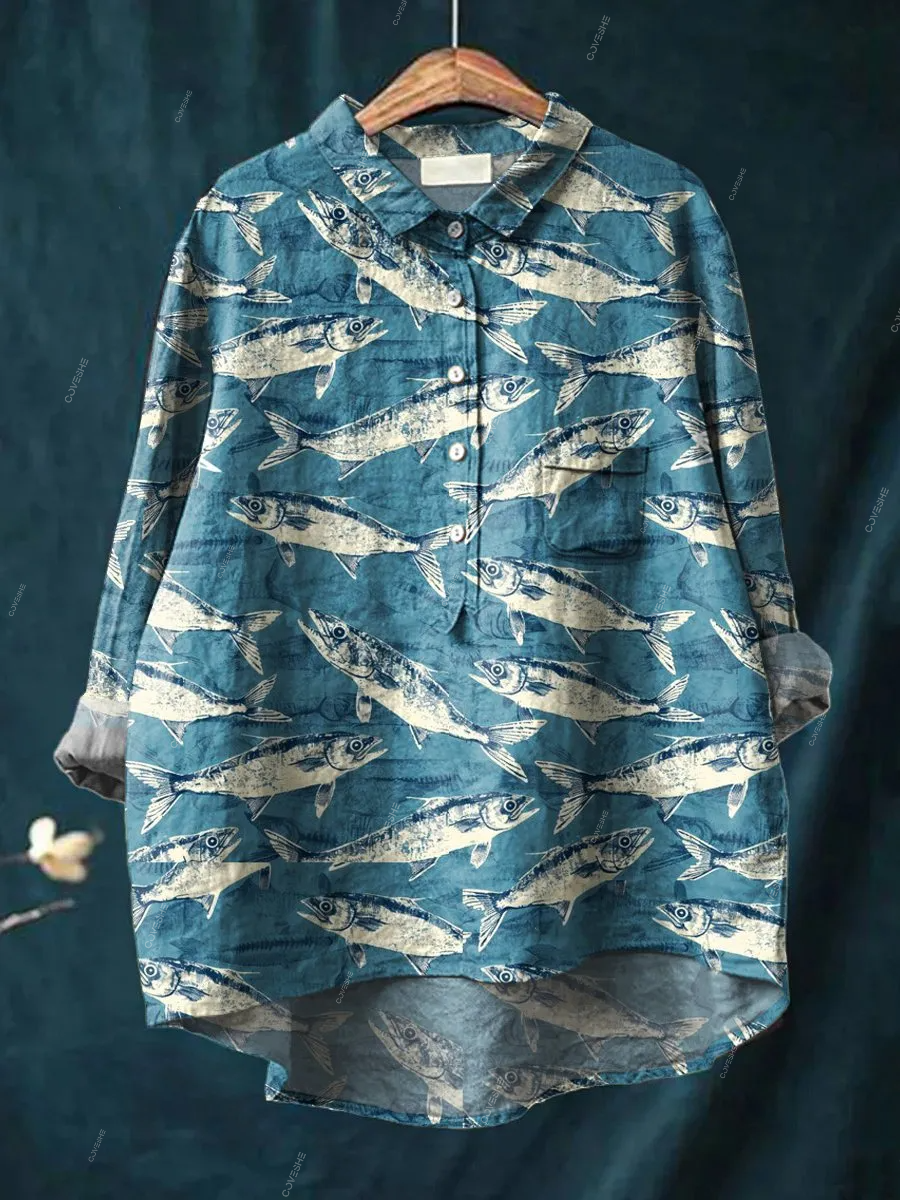 Women's Retro Sardine Fish Print Casual Cotton And Linen Shirt
