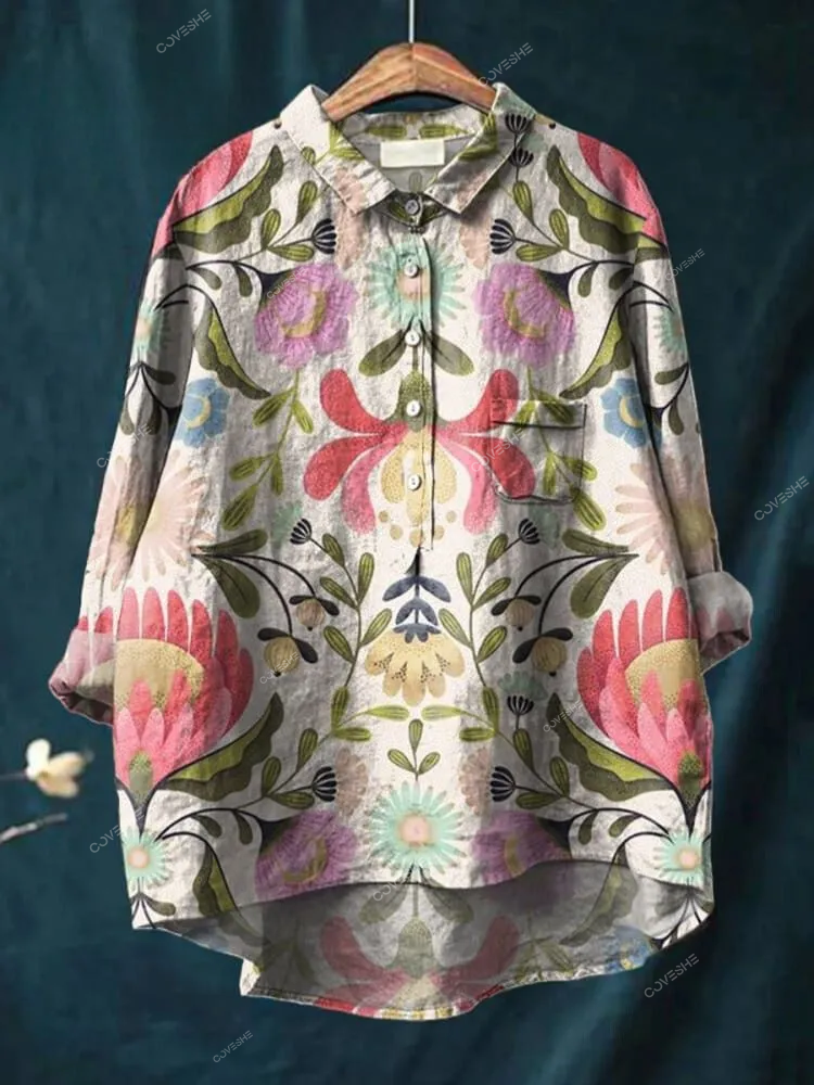Women's Beautiful Symmetrical Flowers Print Casual   Shirt