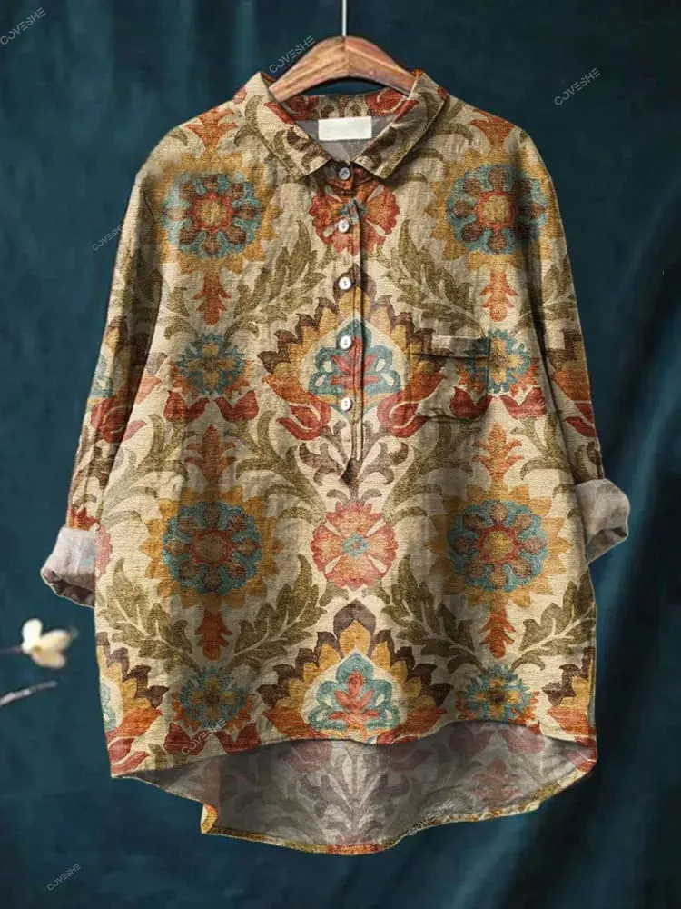 Women's Vintage Ethnic Floral Art Print Casual   Shirt