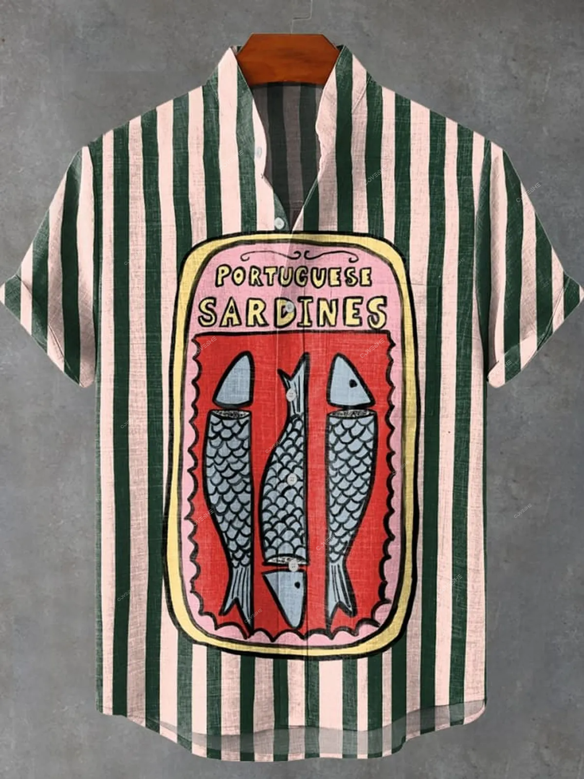 Men'sGreen Striped Sardines Vintage Print Casual Shirt