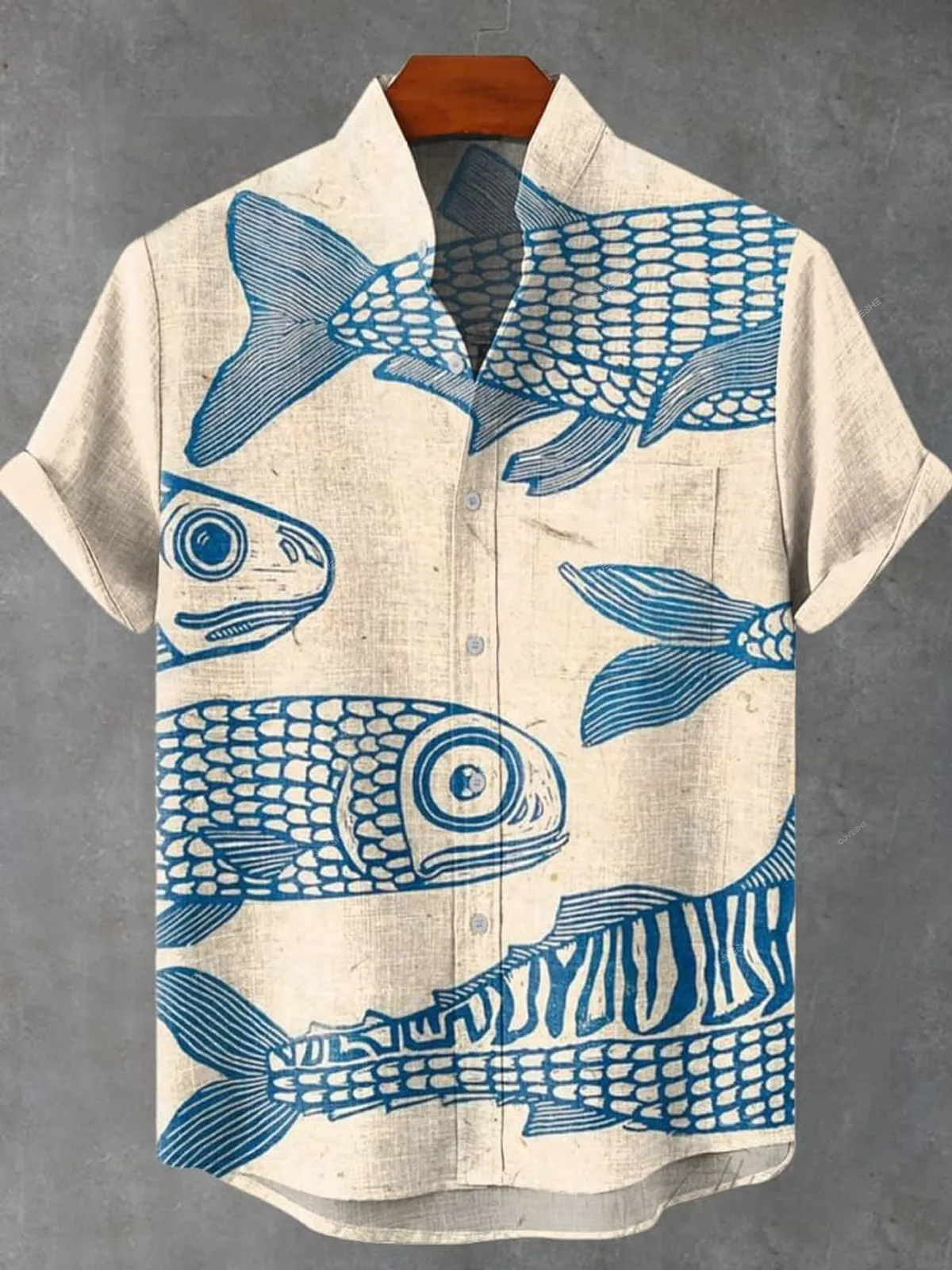 Men'sBlue Minimalist Line Fish Vintage Print Casual Shirt