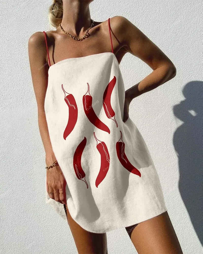 Stylish Chili Pepper Print Strap Mini Dress