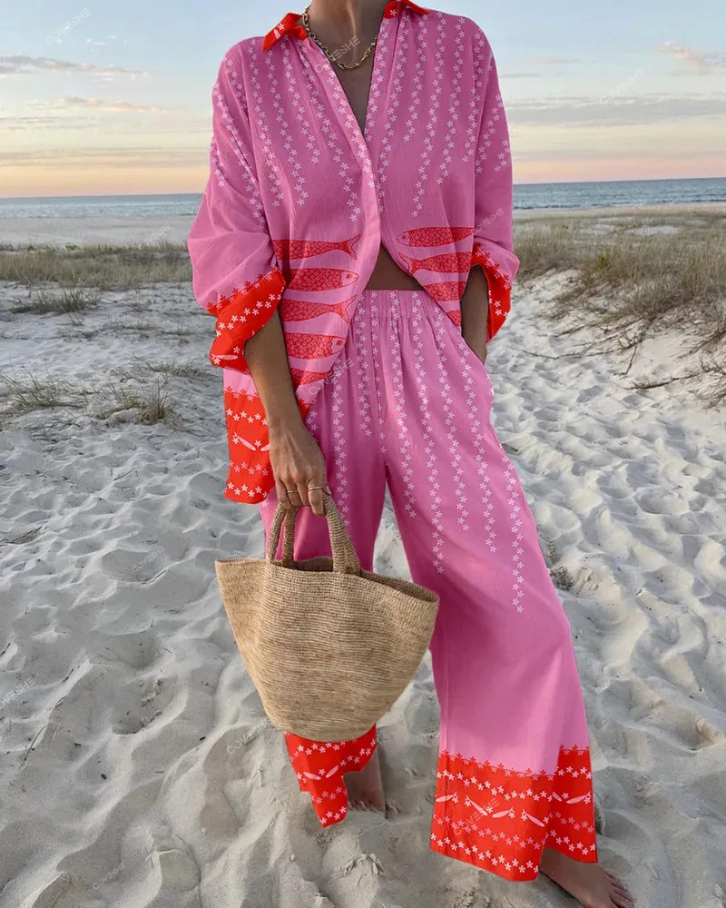 Retro vacation sardines fish print two-piece set