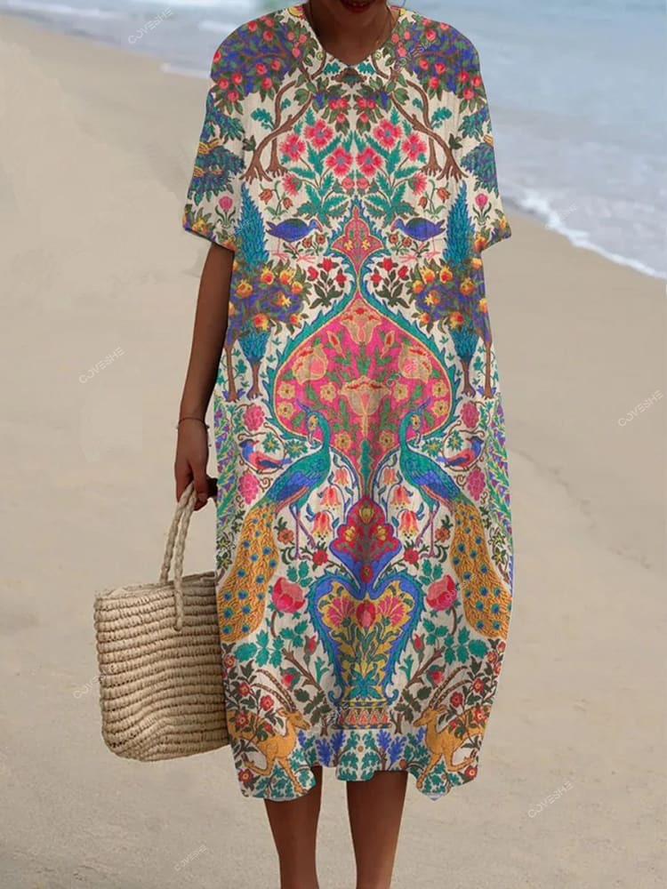 Women's  Floral  Art Print Pocket   Dress