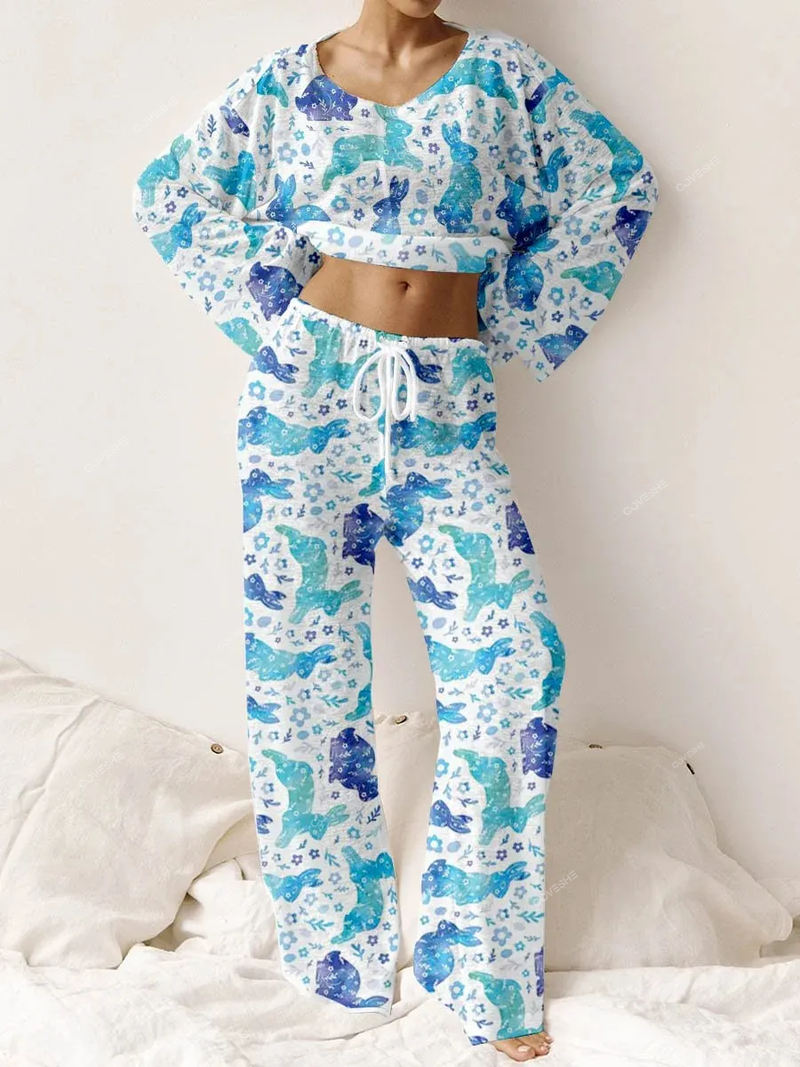 Women's Pastoral Country Style Watercolor Rabbit Pattern Round Neck Long Sleeve Knitted Suit