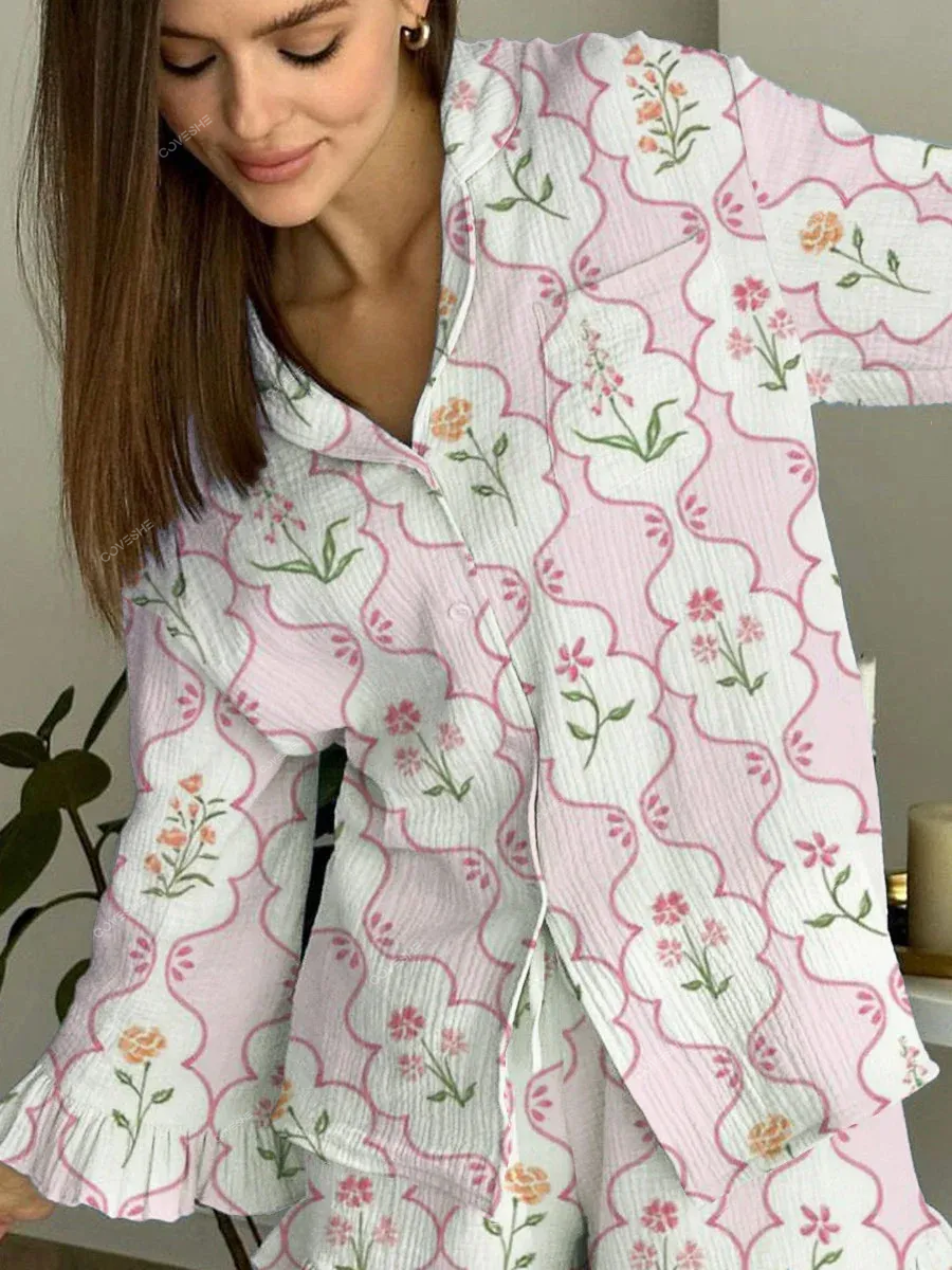 Women's Floral Pattern Ruffled Long Sleeve Pants Set