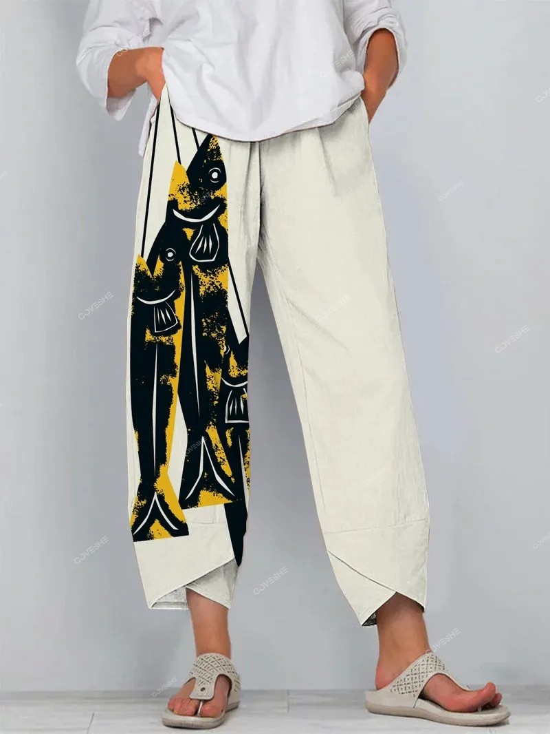 Ocean Black Fish Art Print Cropped Pants