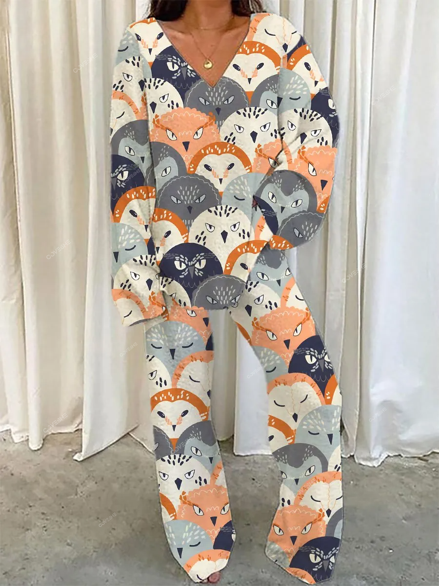 Women's Owl Print V-Neck Long Sleeve Suit