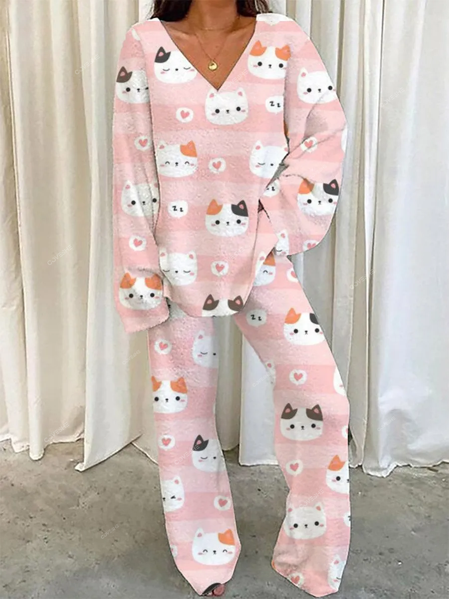 Ladies Pink Cat Furry Polar Fleece Cute Pajama Set