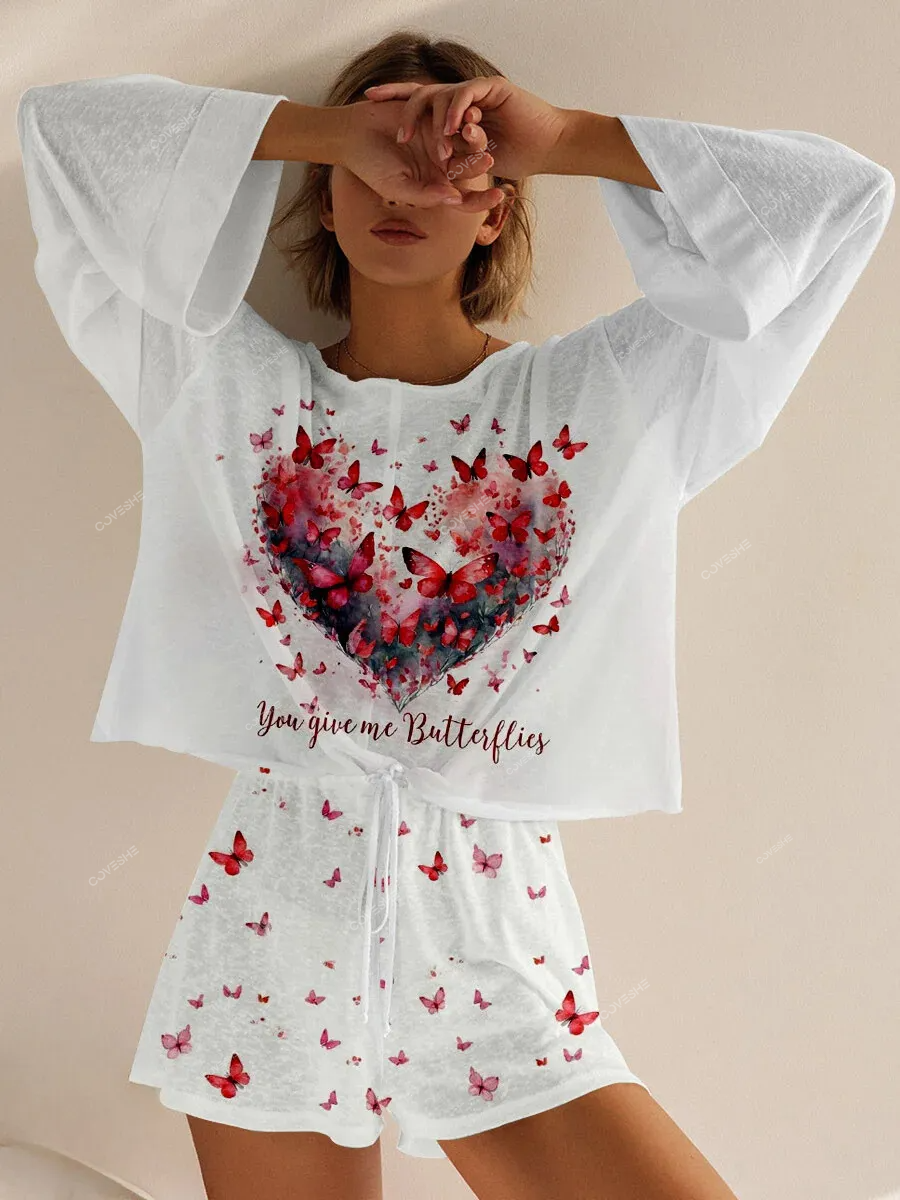 Women's Valentine's Day Heart Butterfly Print Pajama Set