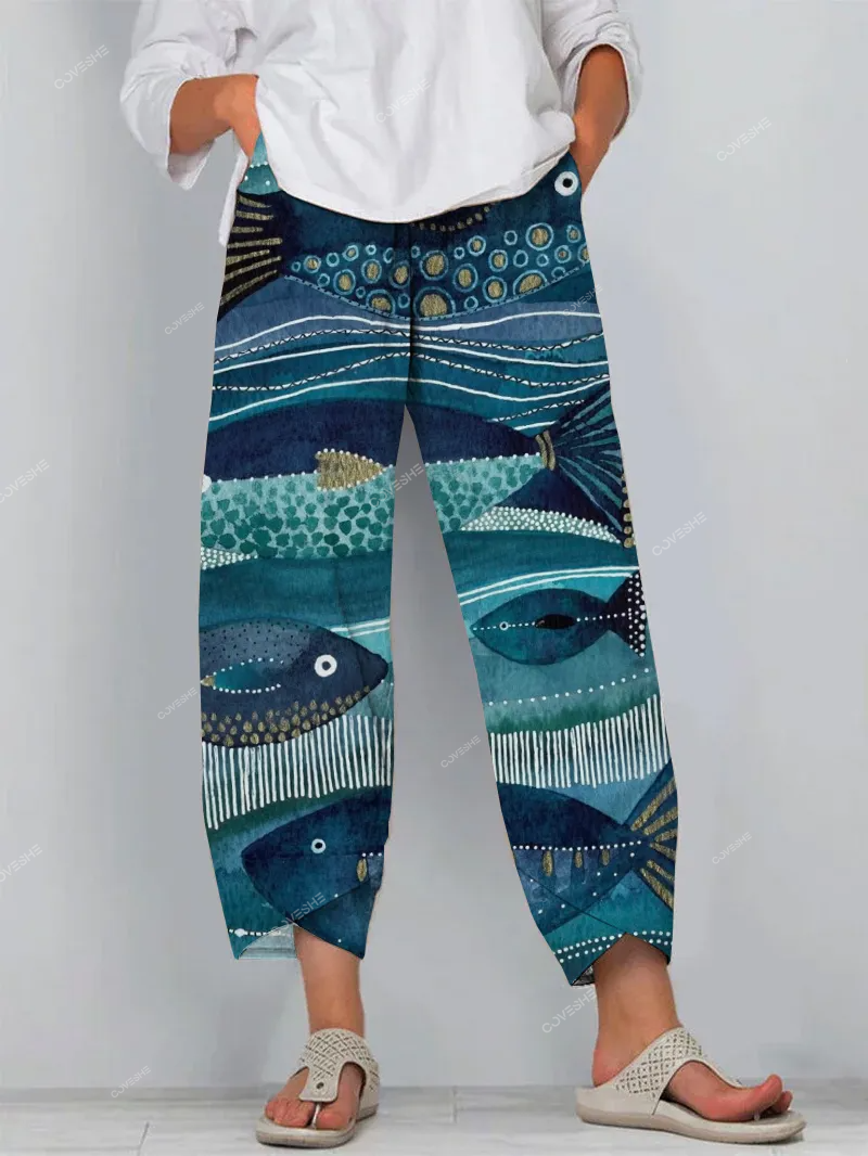 Japanese Sardines Art Print Cropped Pants