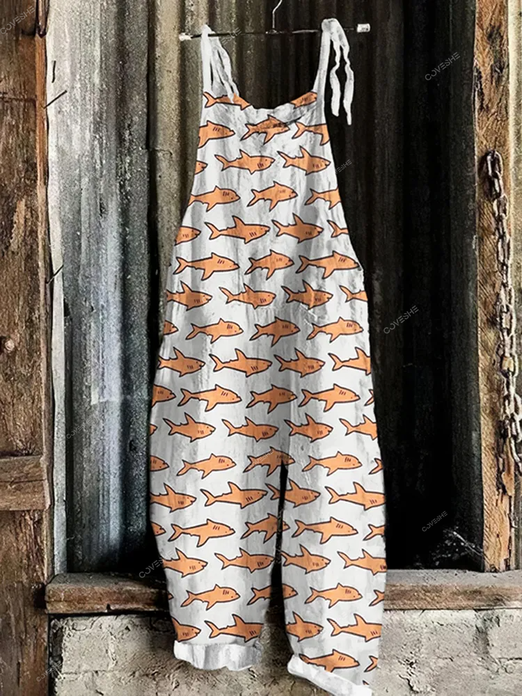 Vintage Shark Graphic Print Painting Art Loose Casual Jumpsuit