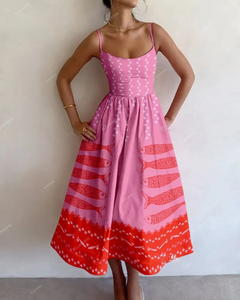 Pink fish print suspender dress