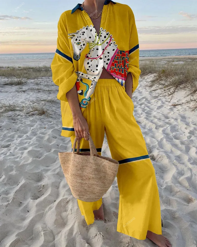 Yellow Horse Print Two-Piece Set