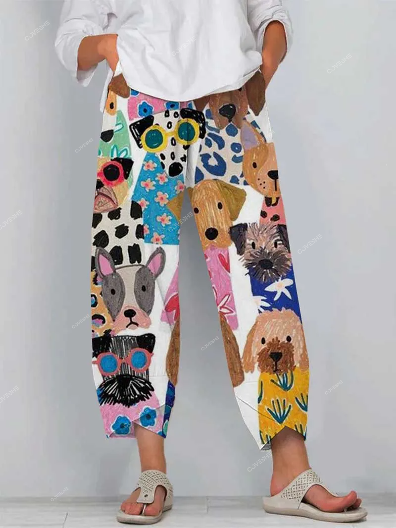 Colorful and Fun Cartoon Puppy Print Cropped Pants