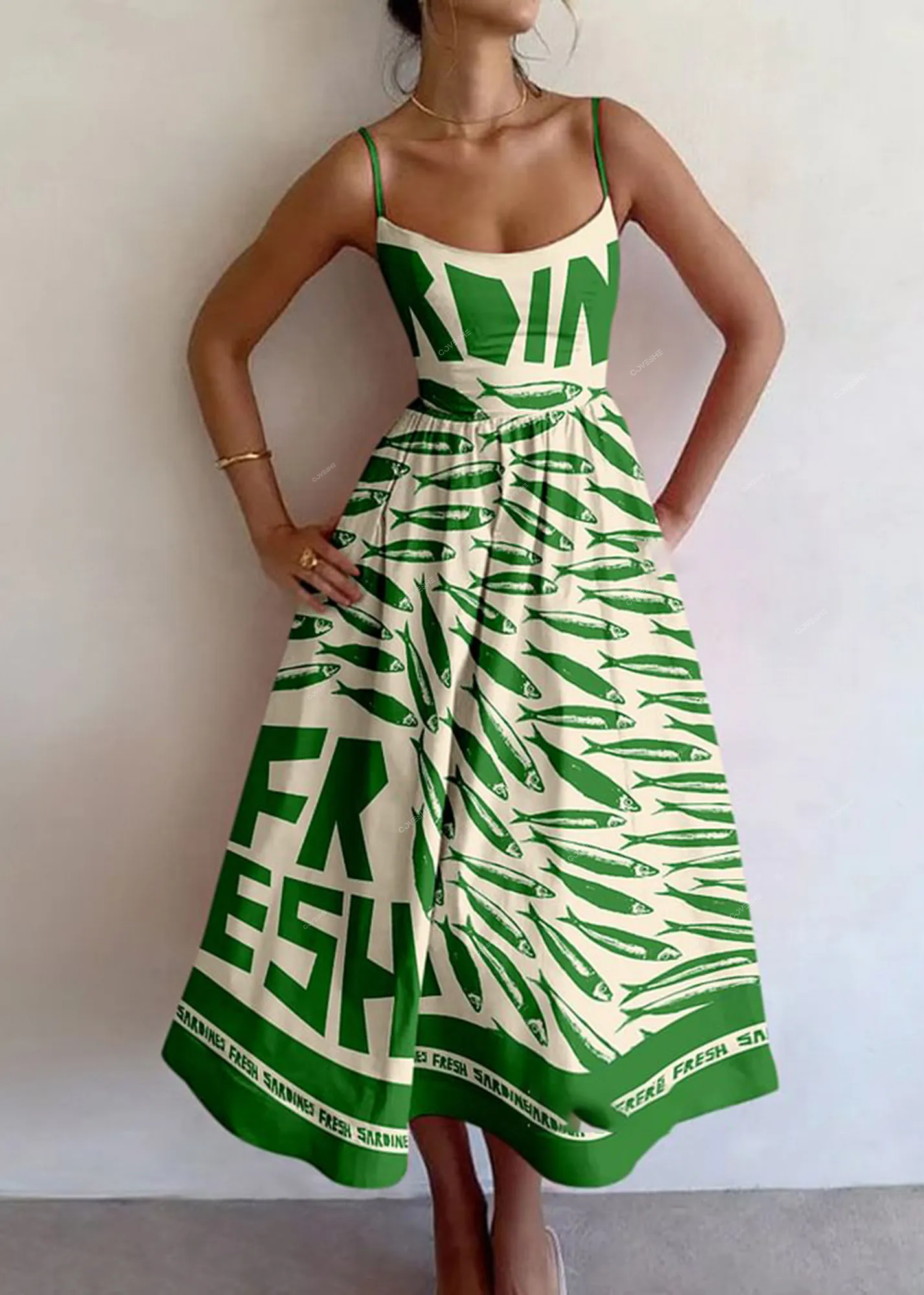 Vintage Green Fish Print Slip Dress