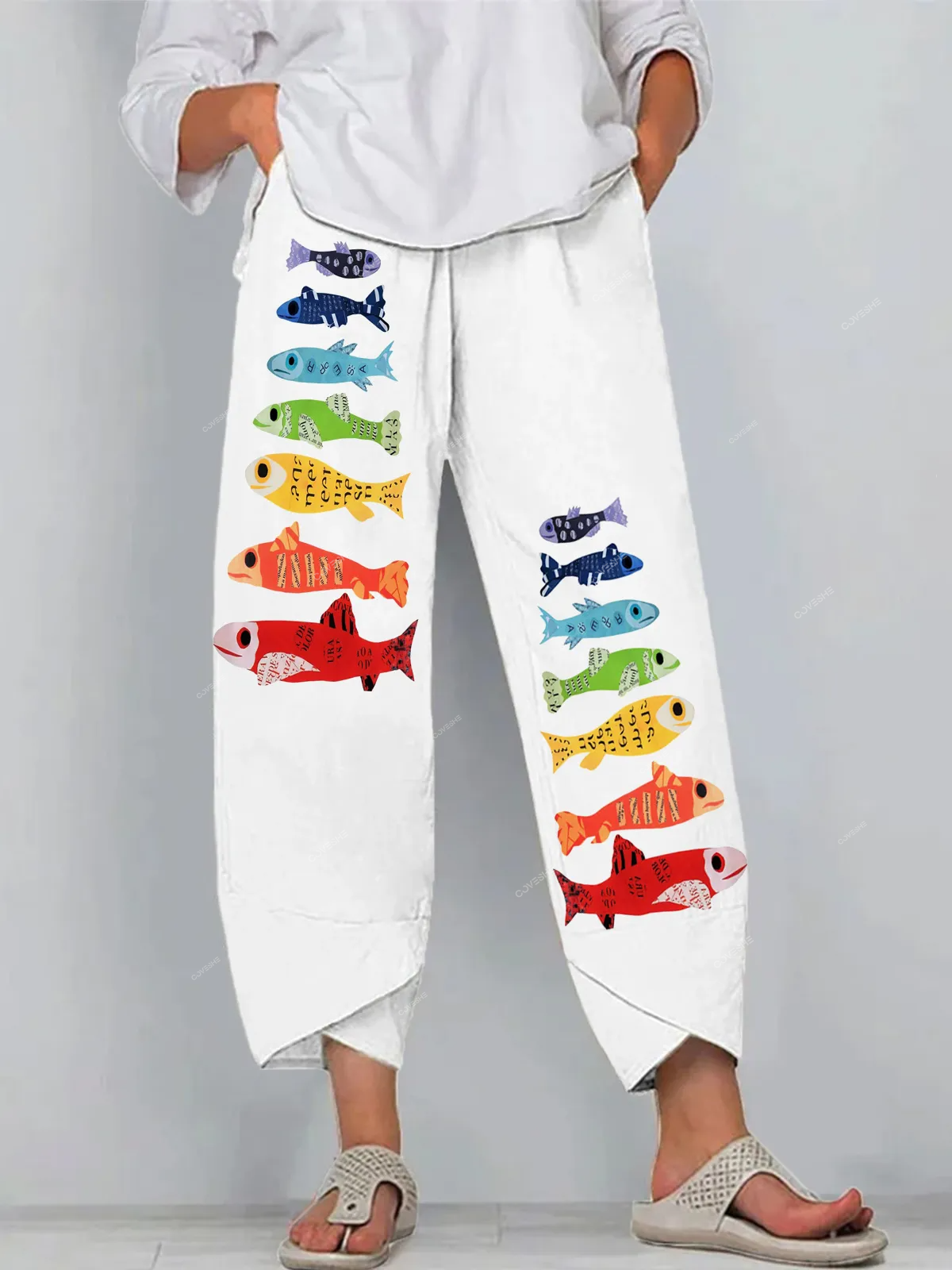 Colorful Rainbow Fish Print Cropped Casual Pants