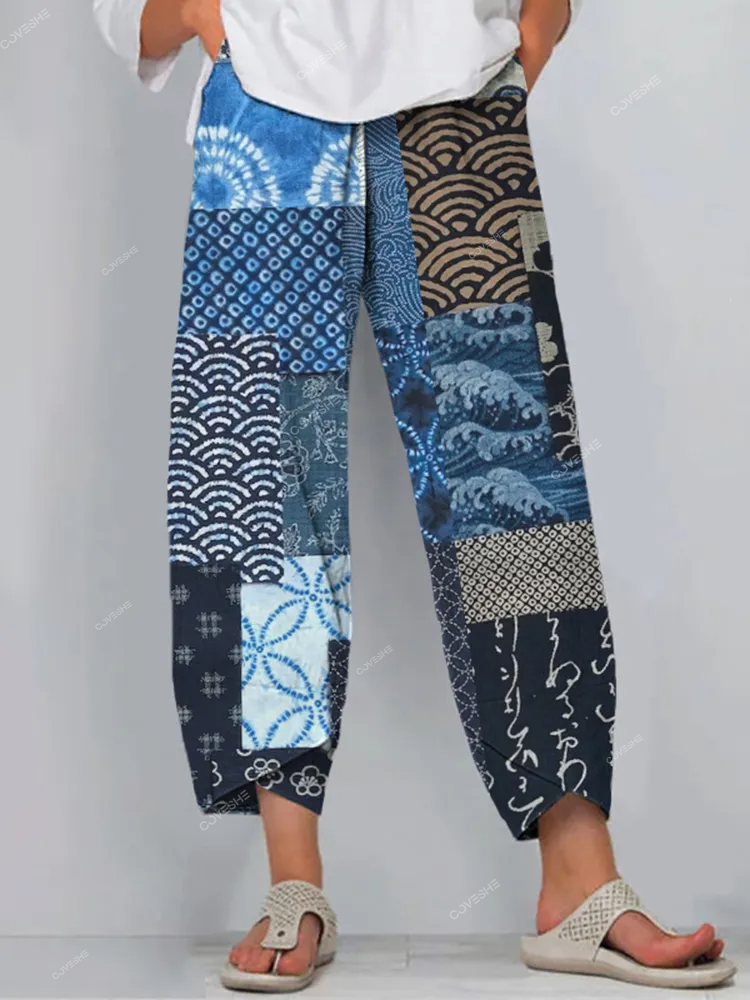 Vintage Japanese Traditional Sashiko Patchwork Art Cropped Casual Pants