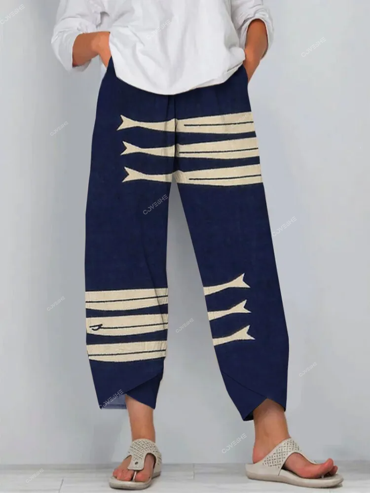 Retro Art Fish Cropped Casual Pants