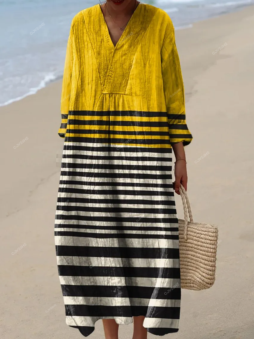 Women's Yellow Color-block Stripes Watercolor Splash Fluid Art Print Flowy Dress