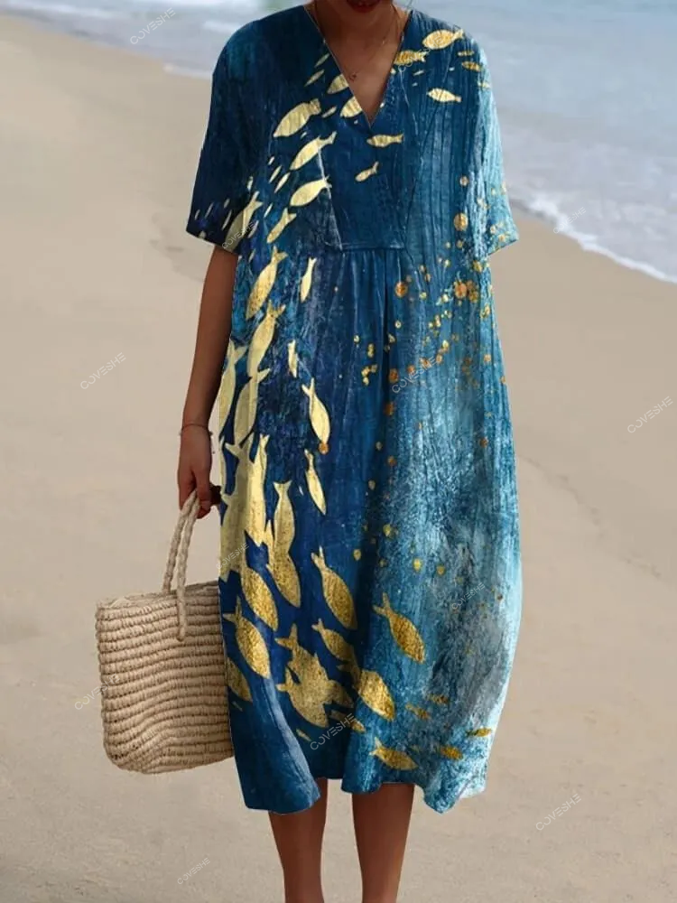 Night Sardine Fish Art Printed Women's Flowy Dress