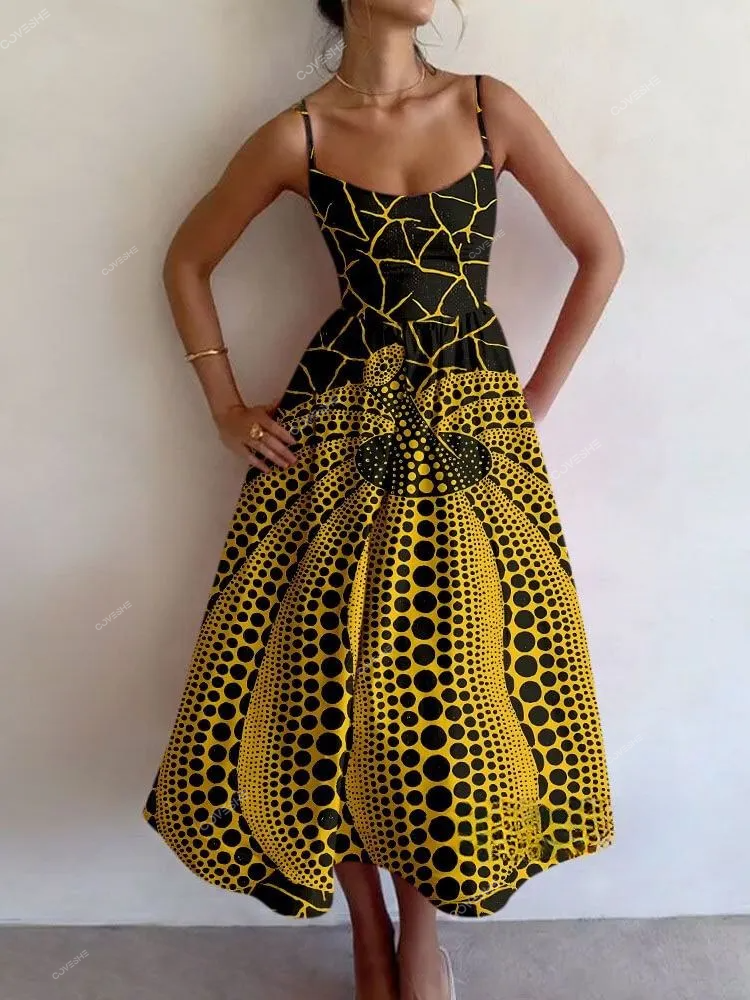 Golden Pumpkin Print Slip Dress