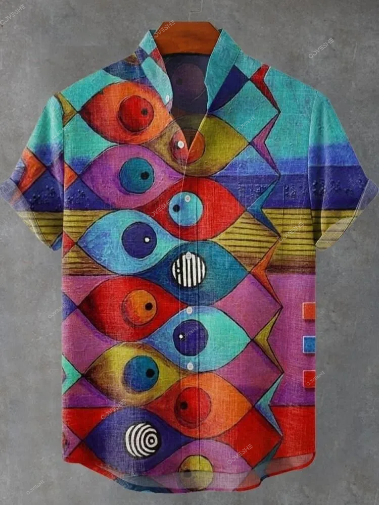 Men'sVintage Fish Art Vintage Print Casual Shirt