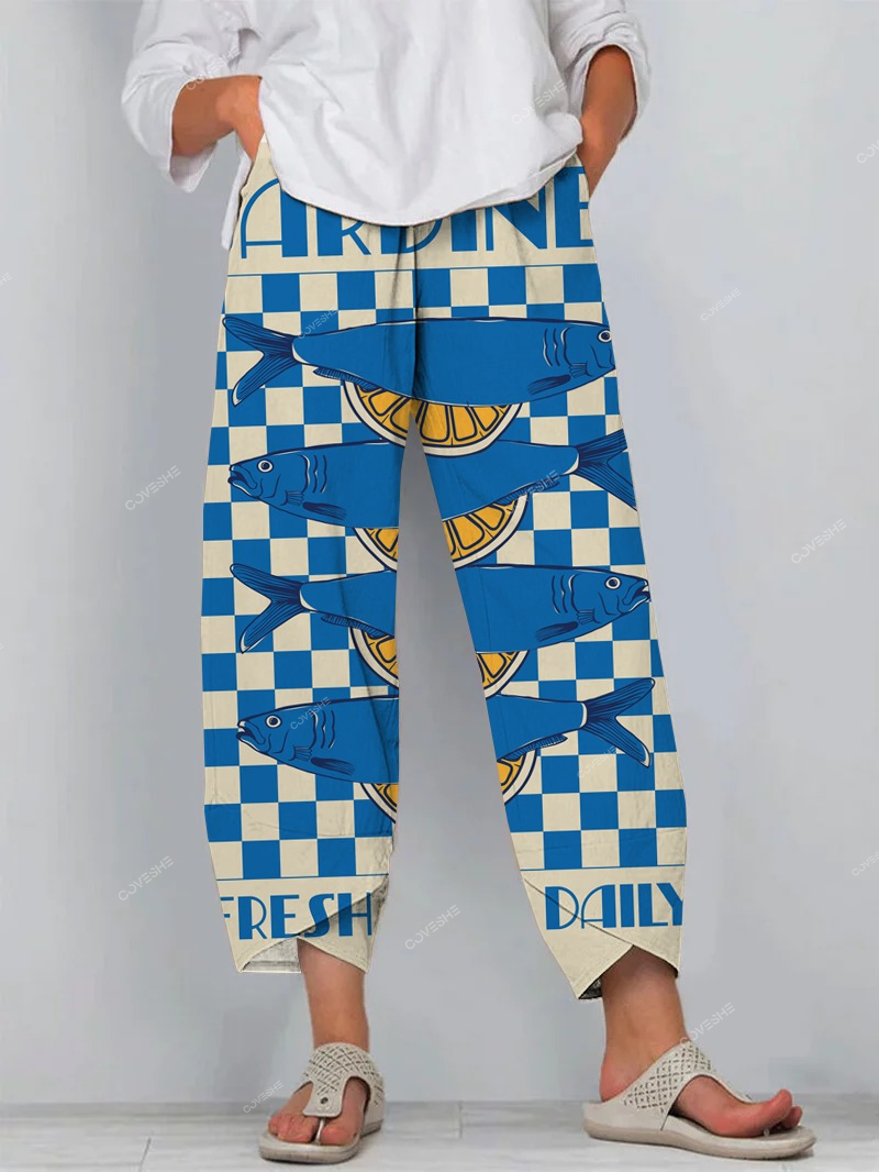 Japanese Blue Sardines Art Print Cropped Pants