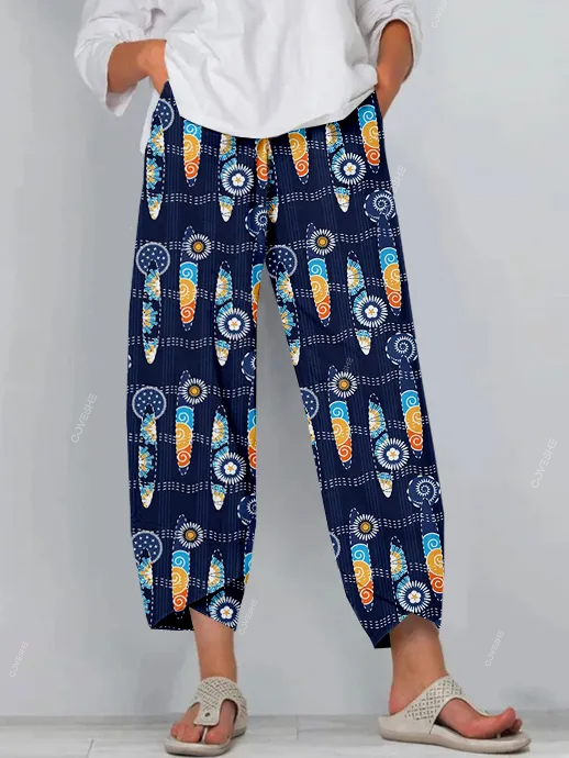 Japanese Sashiko Boho Surfboards Linen Blend Cropped Casual Pants