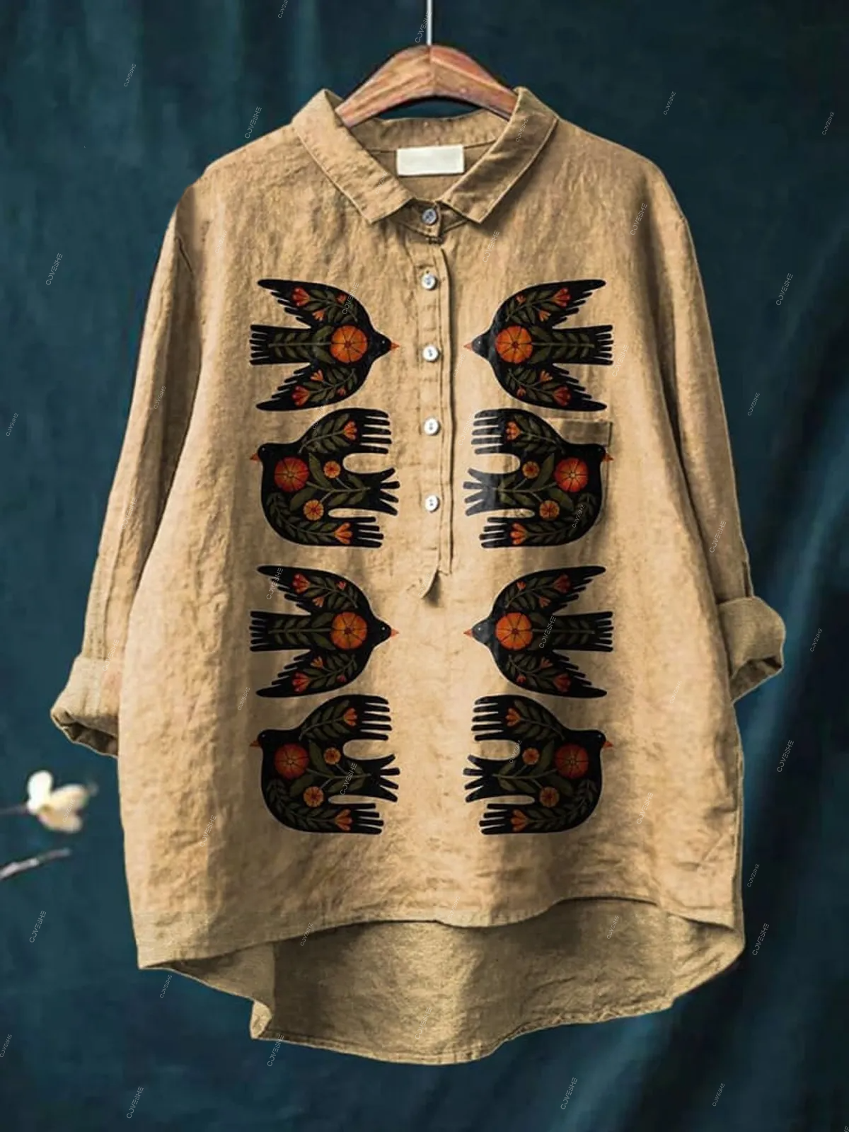 Women's Vintage Bird Print Casual Shirt