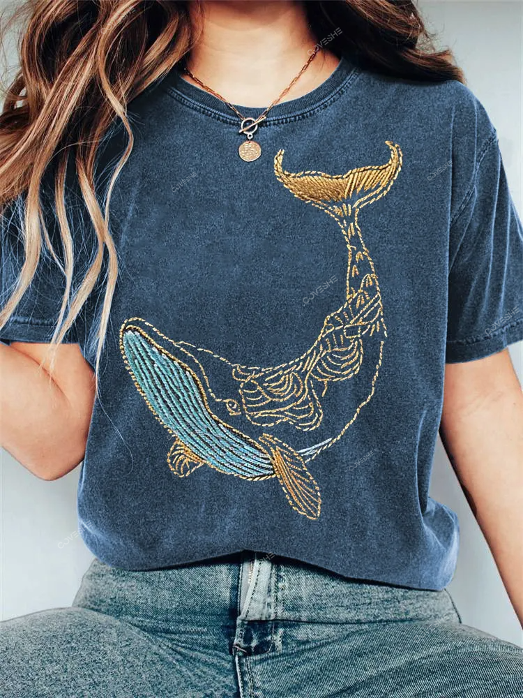Whale Embroidery Pattern Casual Cotton T-Shirt