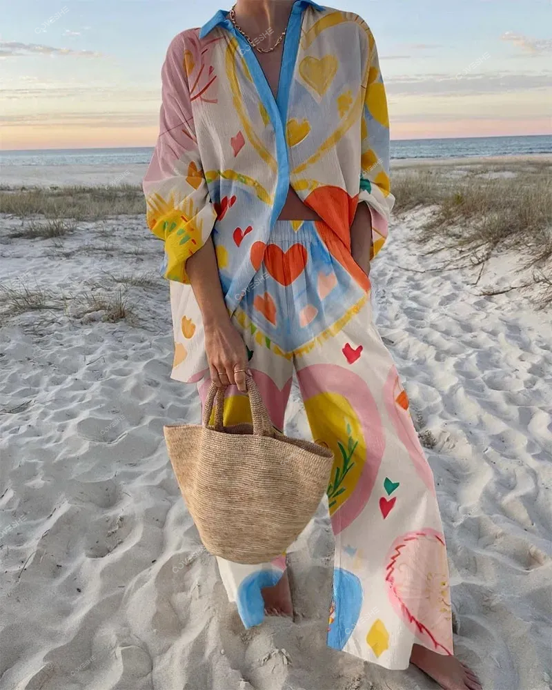 Deep Love Print Shirt & Pants Two-Piece Set
