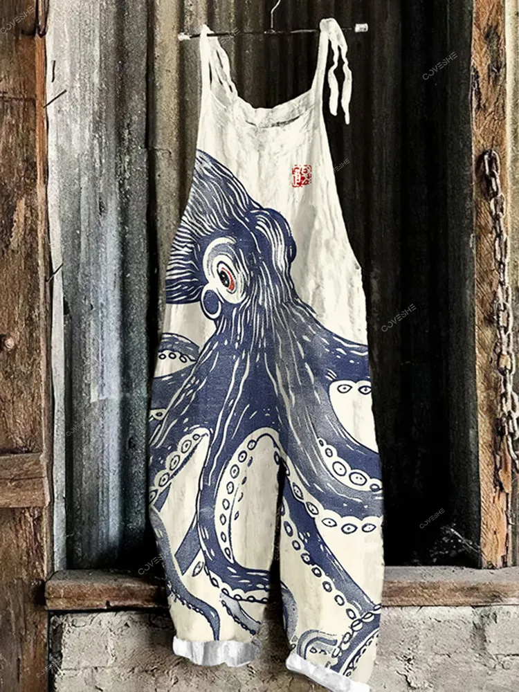 Vintage Octopus Japanese Art Print Loose Jumpsuit