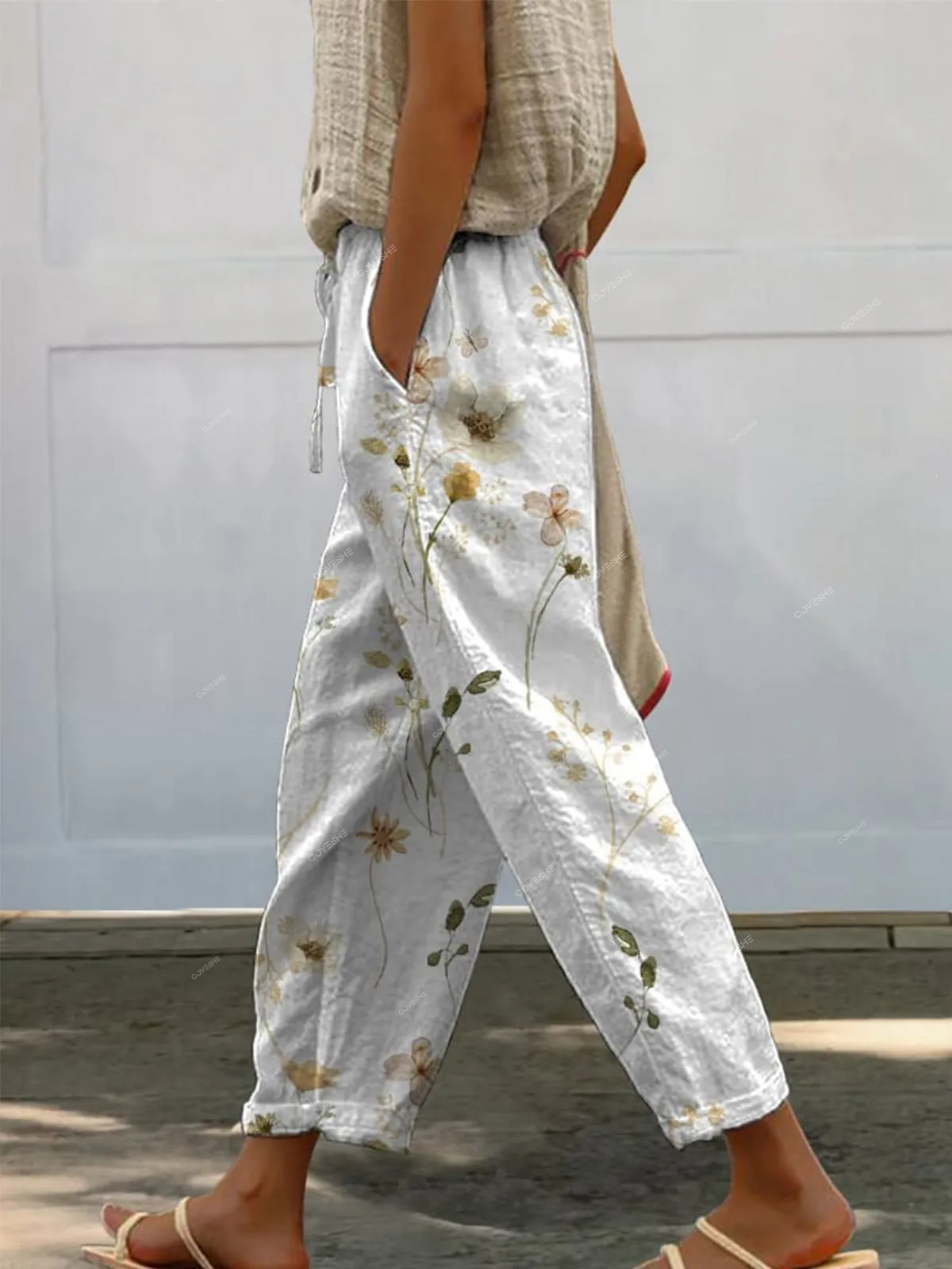 Watercolor Minimalist Spring Floral Pattern Printed Women's Casual Pants
