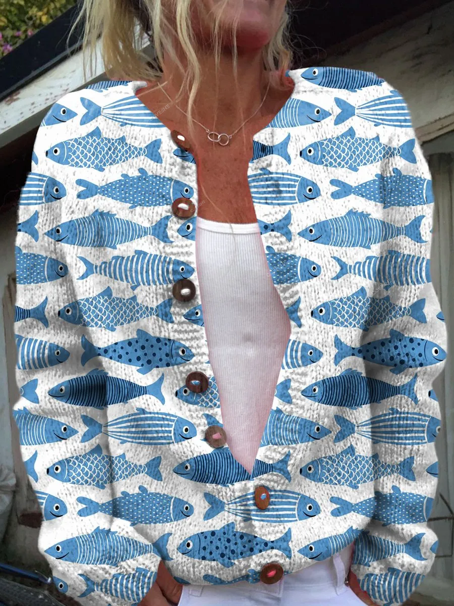 Happy Sea Fish Pattern Print Buttoned Cardigan Sweater