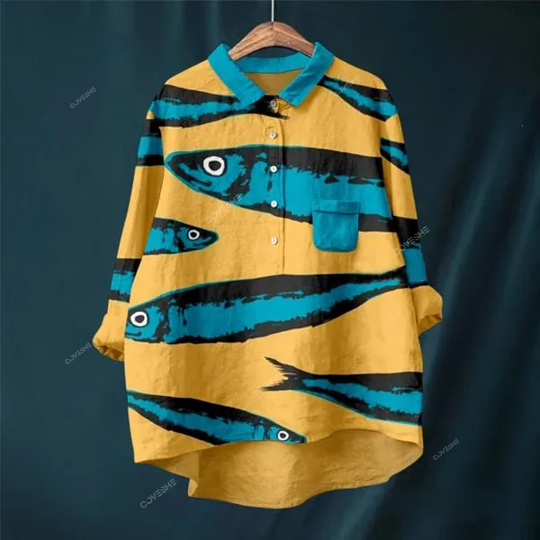 Vintage Fish Print Lapel Shirt